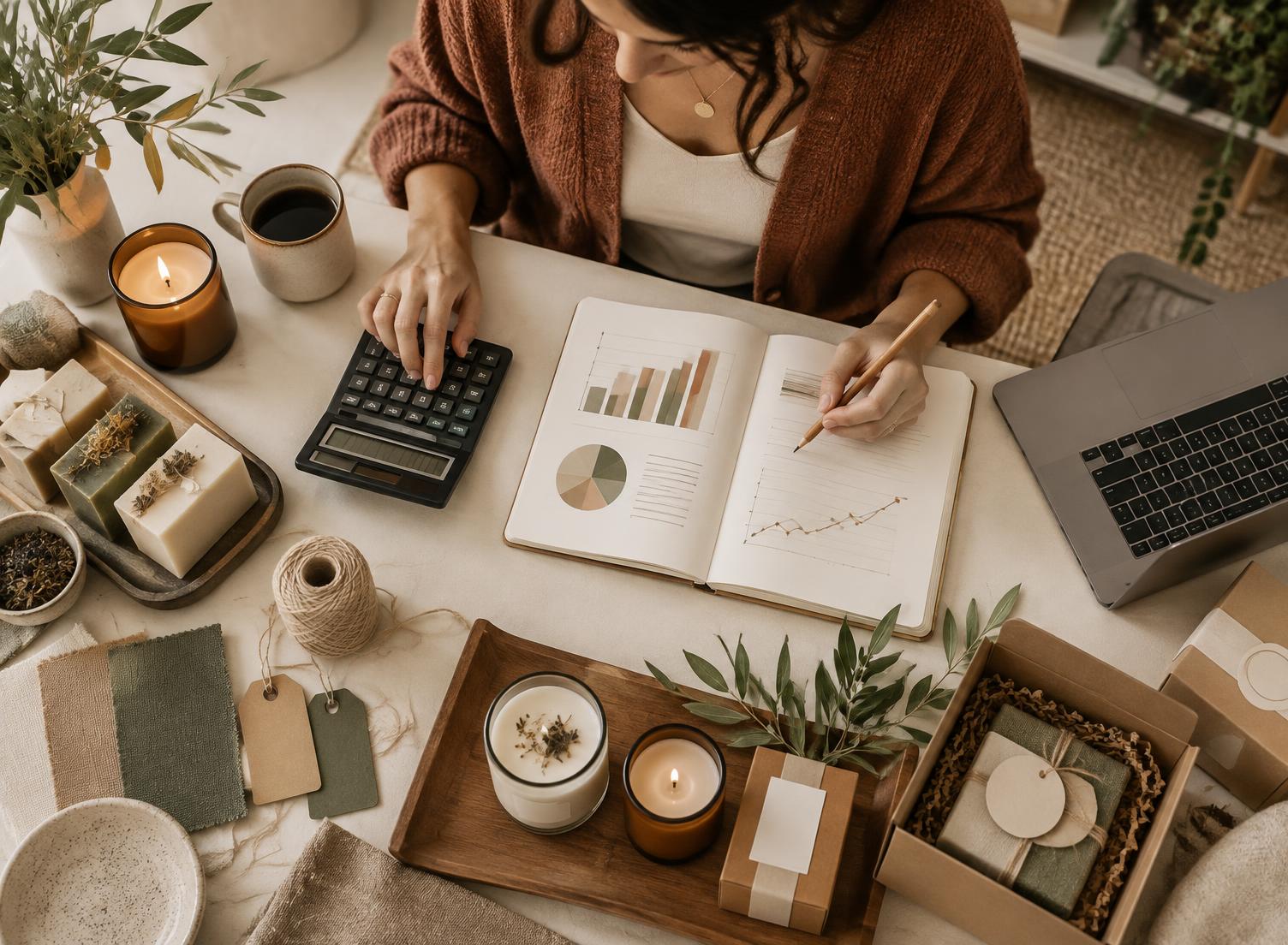 Emprendedora calculando los números de su negocio artesanal