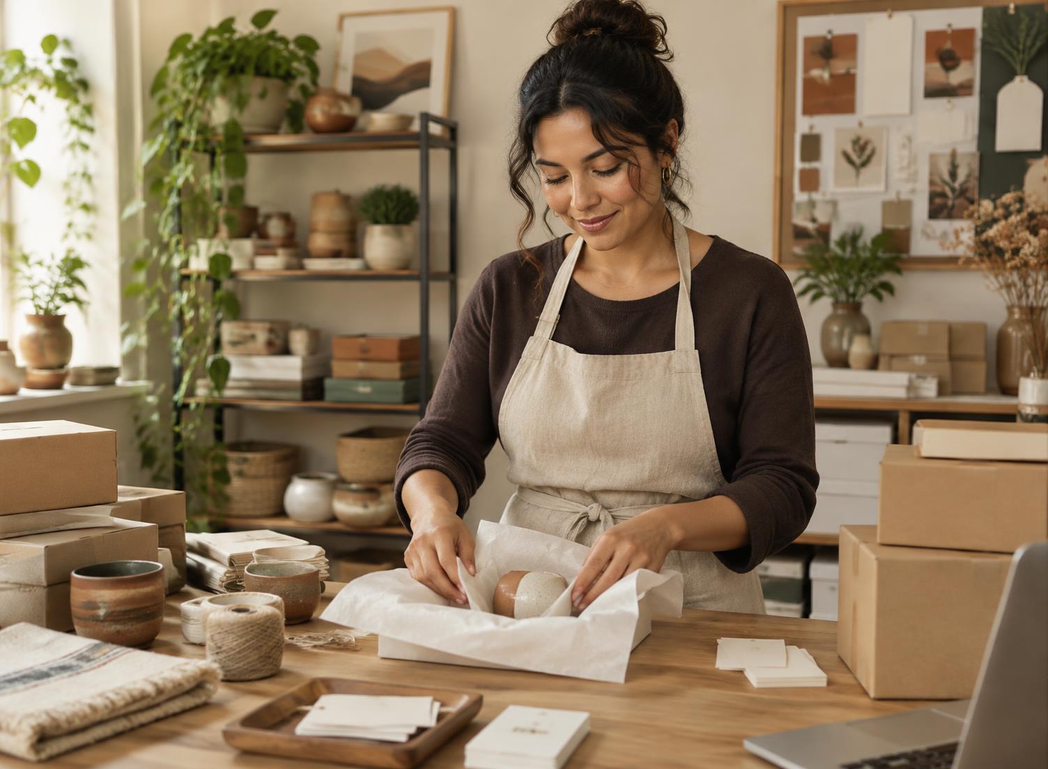 Emprendedora preparando pedidos de su negocio artesanal